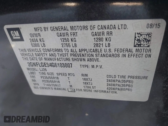 2016 Chevrolet Equinox LTZ with VIN 2GNFLGE34G6103007, listed as a IAAI auction lot 41645333 with 409,082 mi miles. Bid and sale history available at carsss.com. Image 9.