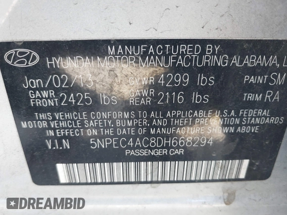 2013 Hyundai Sonata Limited with VIN 5NPEC4AC8DH668294, listed as a IAAI auction lot 41884592 with 137,709 mi miles and . Bid and sale history available at DreamBid. Image 9.