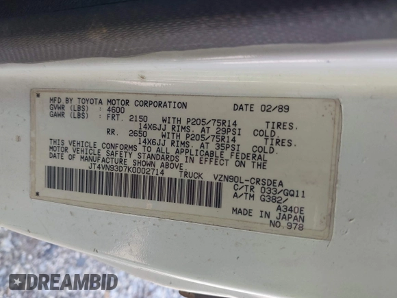 1989 Toyota Pickup z VIN JT4VN93D7K0002714, wystawiony jako IAAI lot #41971990 z przebiegiem 251 337 mil mil oraz . Historia ofert i sprzedaży dostępna na DreamBid. Obrazek 9.