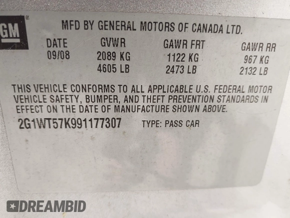 2009 Chevrolet Impala LT with VIN 2G1WT57K991177307, listed as a IAAI auction lot 42045326 with 286,424 mi miles and . Bid and sale history available at DreamBid. Image 9.