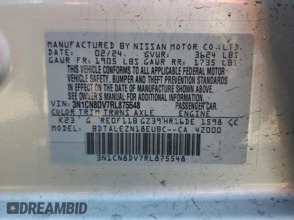 2024 Nissan Versa S with VIN 3N1CN8DV7RL875548, listed as a Copart auction lot 49424065 with 10,154 mi miles and Salvage Title. Bid and sale history available at DreamBid. Image 15.