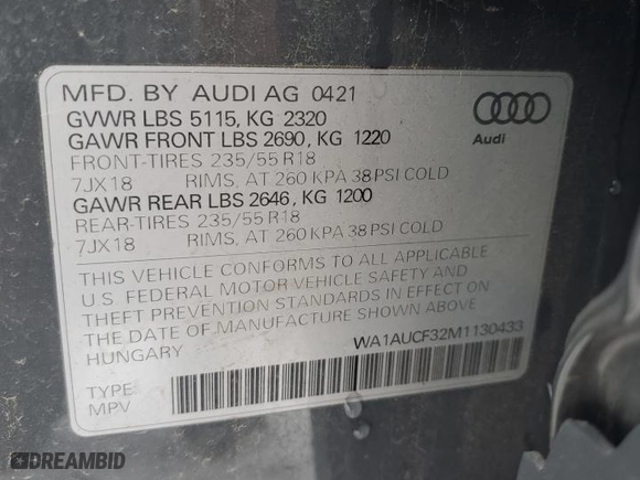 2021 Audi Q3 Premium with VIN WA1AUCF32M1130433, listed as a Copart auction lot 44853145 with 18,694 mi miles and Clean Title. Bid and sale history available at carsss.com. Image 13.