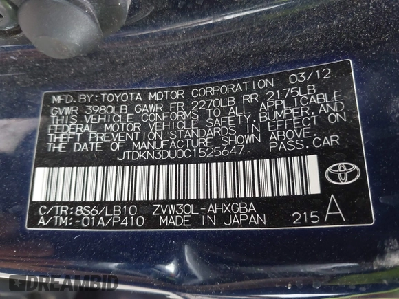 2012 Toyota Prius One with VIN JTDKN3DU0C1525647, listed as a IAAI auction lot 42051971 with 134,330 mi miles and . Bid and sale history available at DreamBid. Image 9.