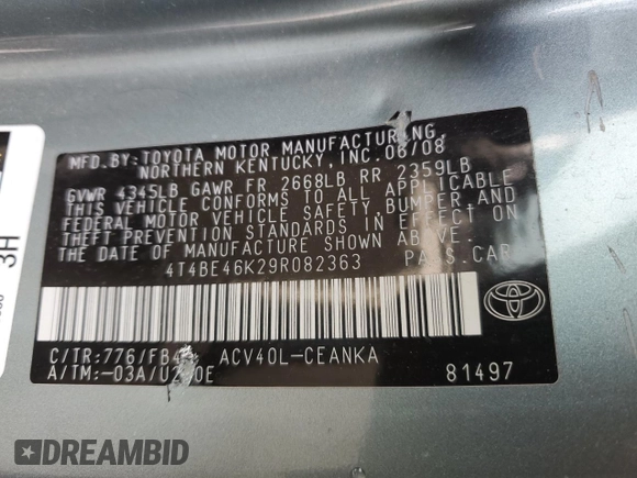 2009 Toyota Camry with VIN 4T4BE46K29R082363, listed as a Copart auction lot 51919955 with 134,024 mi miles and Salvage Title. Bid and sale history available at DreamBid. Image 12.