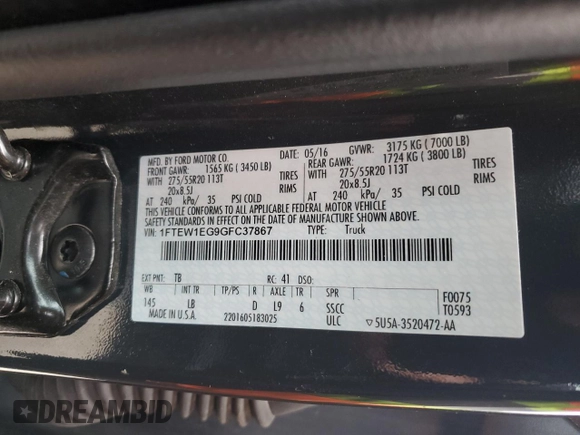 2016 Ford F-150 XLT with VIN 1FTEW1EG9GFC37867, listed as a Copart auction lot 52339545 with 61,361 mi miles and Salvage Title. Bid and sale history available at carsss.com. Image 12.