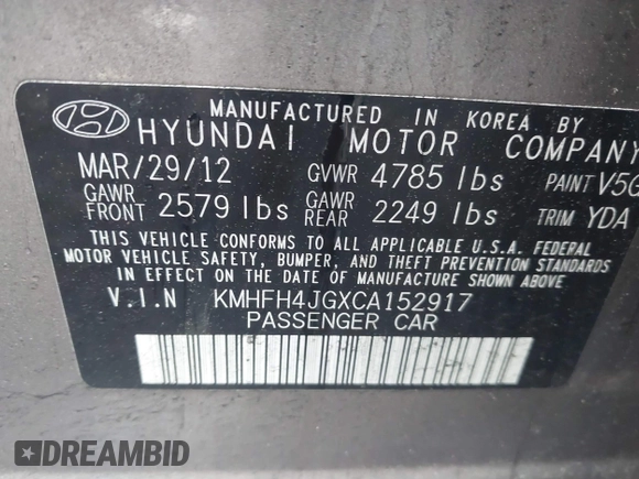 2012 Hyundai Azera with VIN KMHFH4JGXCA152917, listed as a IAAI auction lot 42278803 with 98,890 mi miles and . Bid and sale history available at DreamBid. Image 9.