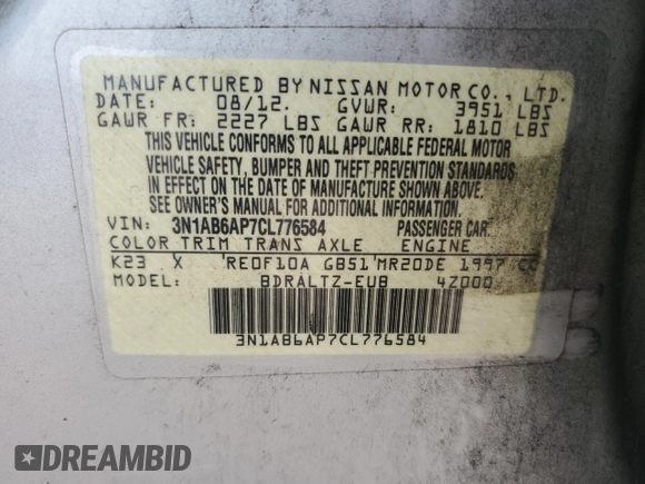 2012 Nissan Sentra SR with VIN 3N1AB6AP7CL776584, listed as a Copart auction lot 59585435 with 121,660 mi miles and Salvage title. Bid and sale history available at DreamBid. Image 12.