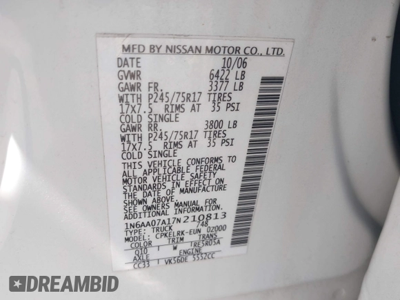 2007 Nissan Titan XE with VIN 1N6AA07A17N210813, listed as a IAAI auction lot 42539828 with 109,416 mi miles and . Bid and sale history available at DreamBid. Image 9.