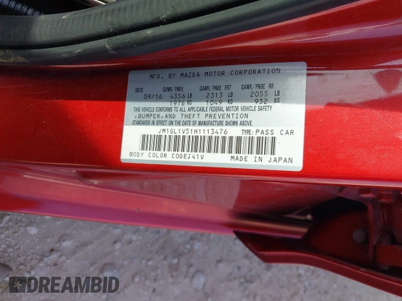 2017 Mazda Mazda6 Touring with VIN JM1GL1V51H1113476, listed as a IAAI auction lot 41928541 with 1 mi miles. Bid and sale history available at carsss.com. Image 9.