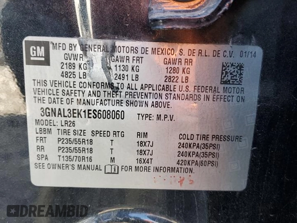 2014 Chevrolet Captiva Sport LT with VIN 3GNAL3EK1ES608060, listed as a Copart auction lot 51216994 with 120,707 mi miles and Salvage Title. Bid and sale history available at DreamBid. Image 14.