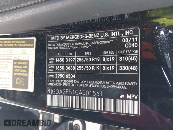 2012 Mercedes-Benz M 350 with VIN 4JGDA2EB1CA001561, listed as a IAAI auction lot 41940464 with 150,140 mi miles and . Bid and sale history available at DreamBid. Image 9.