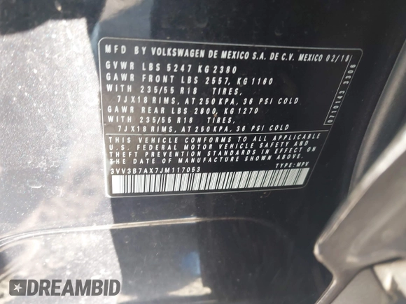 2018 Volkswagen Tiguan SEL with VIN 3VV3B7AX7JM117053, listed as a IAAI auction lot 40827695 with 71,489 mi miles and . Bid and sale history available at DreamBid. Image 9.