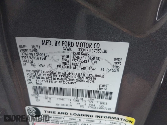 2011 Ford F-150 XLT with VIN 1FTFW1ET8BFD05957, listed as a IAAI auction lot 42511809 with 125,921 mi miles and . Bid and sale history available at DreamBid. Image 9.