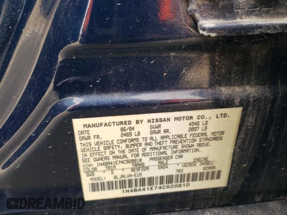 2004 Nissan Maxima SL with VIN 1N4BA41E74C920810, listed as a Copart auction lot 51004075 with 201,518 mi miles and Salvage Title. Bid and sale history available at DreamBid. Image 13.