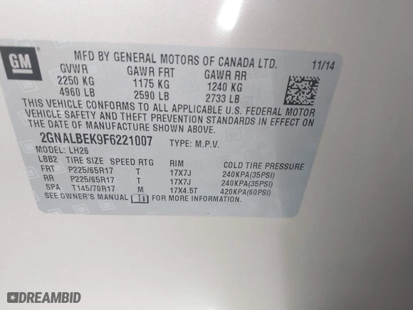 2015 Chevrolet Equinox LT with VIN 2GNALBEK9F6221007, listed as a IAAI auction lot 41844259 with 106,781 mi miles. Bid and sale history available at carsss.com. Image 9.