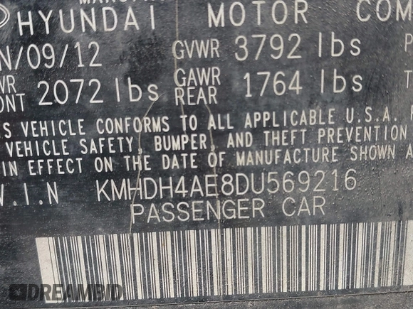 2013 Hyundai Elantra GLS with VIN KMHDH4AE8DU569216, listed as a IAAI auction lot 42296591 with 151,168 mi miles and . Bid and sale history available at DreamBid. Image 9.