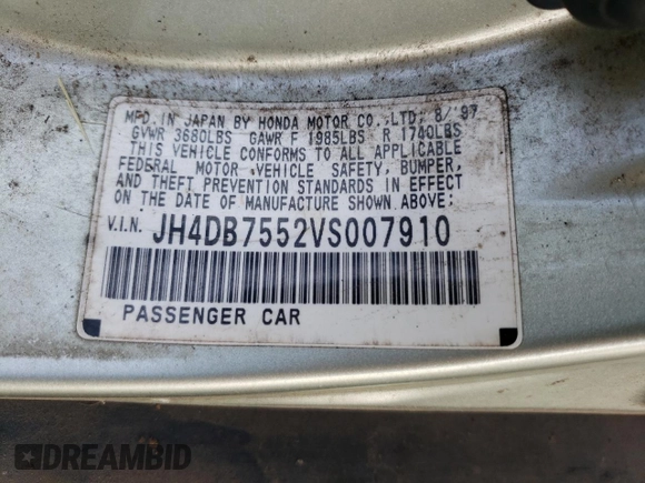 1997 Acura Integra z VIN JH4DB7552VS007910, wystawiony jako Copart lot #61739265 z przebiegiem 149 292 mil mil oraz Czysty tytuł • Clean title. Historia ofert i sprzedaży dostępna na DreamBid. Obrazek 12.