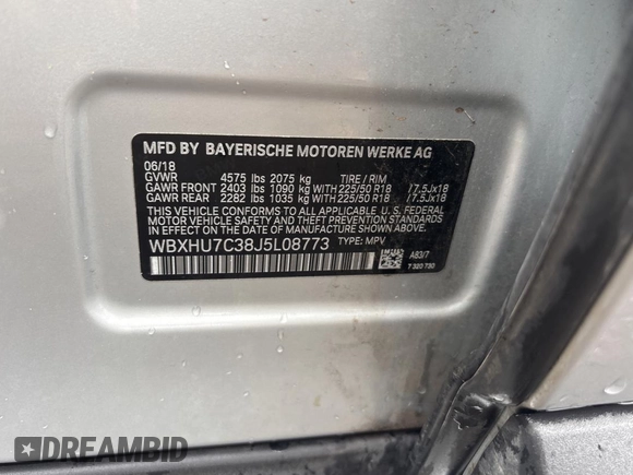 2018 BMW X1 sDrive28i with VIN WBXHU7C38J5L08773, listed as a Copart auction lot 55470955 with 149,885 mi miles and Clean Title. Bid and sale history available at DreamBid. Image 10.