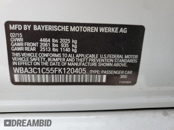 2015 BMW 3 Series 328i with VIN WBA3C1C55FK120405, listed as a Copart auction lot 54374035 with 121,411 mi miles and Salvage title. Bid and sale history available at DreamBid. Image 12.