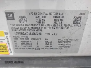 2015 Chevrolet Traverse LT with VIN 1GNKRGKD1FJ260280, listed as a IAAI auction lot 42655028 with 165,193 mi miles and . Bid and sale history available at DreamBid. Image 9.