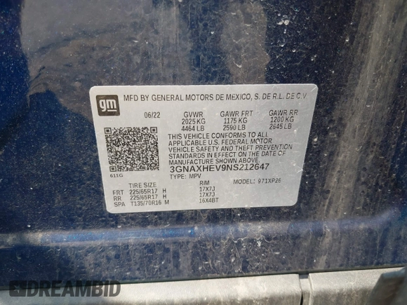 2022 Chevrolet Equinox LS with VIN 3GNAXHEV9NS212647, listed as a IAAI auction lot 42369372 with 31,561 mi miles and . Bid and sale history available at DreamBid. Image 9.