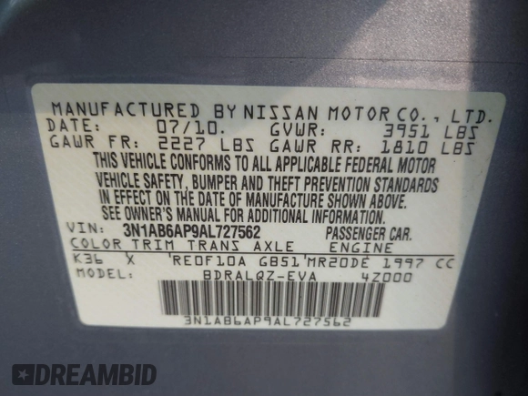 2010 Nissan Sentra SR with VIN 3N1AB6AP9AL727562, listed as a IAAI auction lot 41628160 with 113,624 mi miles and . Bid and sale history available at DreamBid. Image 9.
