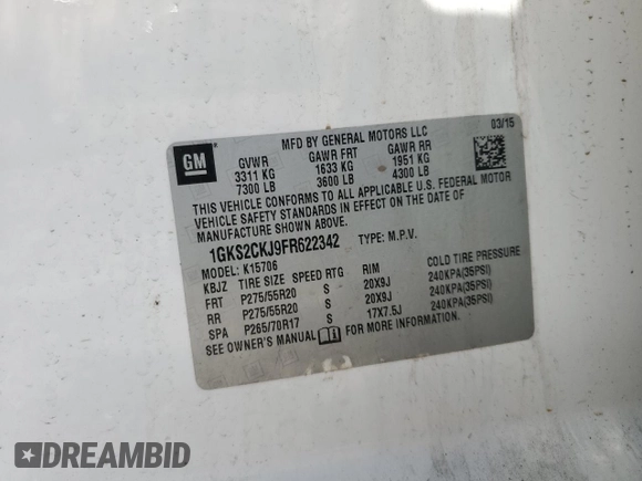 2015 GMC Yukon Denali z VIN 1GKS2CKJ9FR622342, wystawiony jako Copart lot #53671555 z przebiegiem Nie podano mil oraz Czysty tytuł • Clean title. Historia ofert i sprzedaży dostępna na DreamBid. Obrazek 13.
