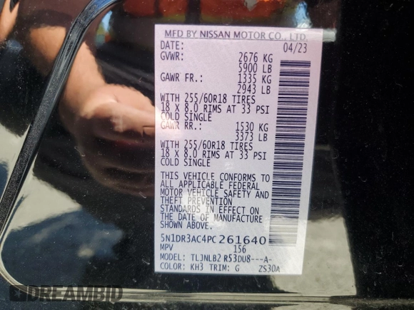 2023 Nissan Pathfinder S z VIN 5N1DR3AC4PC261640, wystawiony jako Copart lot #56339595 z przebiegiem 39 626 mil mil oraz Nie do naprawy • Non repairable. Historia ofert i sprzedaży dostępna na DreamBid. Obrazek 14.