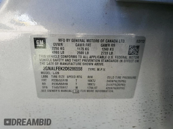 2013 Chevrolet Equinox LTZ with VIN 2GNALFEK2D6286558, listed as a Copart auction lot 48910685 with 155,872 mi miles and Clean Title. Bid and sale history available at carsss.com. Image 13.