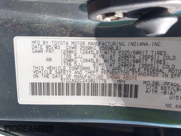 2004 Toyota Sienna XLE with VIN 5TDZA22C24S021779, listed as a IAAI auction lot 42091893 with 155,043 mi miles. Bid and sale history available at carsss.com. Image 9.