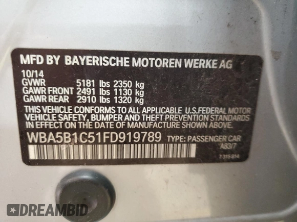 2015 BMW 5 Series 535i with VIN WBA5B1C51FD919789, listed as a Copart auction lot 48507985 with 172,474 mi miles and Clean Title. Bid and sale history available at carsss.com. Image 12.