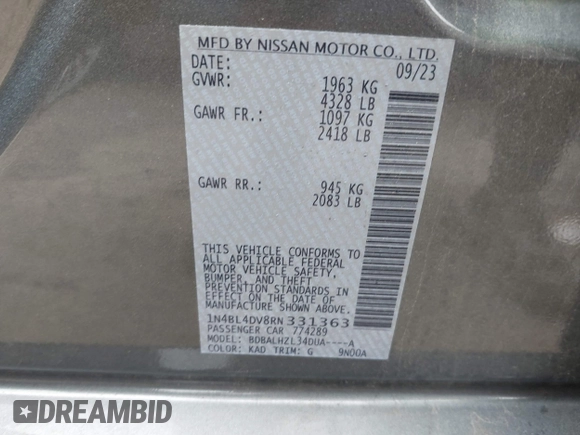 2024 Nissan Altima SV with VIN 1N4BL4DV8RN331363, listed as a IAAI auction lot 42423186 with 12,512 mi miles and . Bid and sale history available at DreamBid. Image 9.