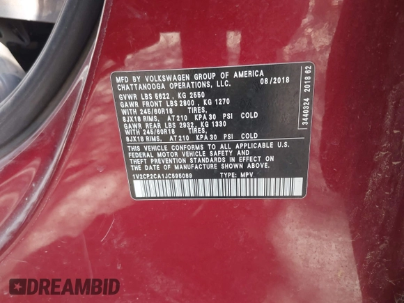 2018 Volkswagen Atlas SE with VIN 1V2CP2CA1JC595089, listed as a IAAI auction lot 42249116 with Not provided miles and . Bid and sale history available at DreamBid. Image 9.