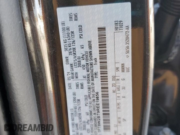 2024 Ford F-250 XL with VIN 1FT8W2BT9REE19856, listed as a Copart auction lot 51233515 with 20,653 mi miles and Salvage title. Bid and sale history available at DreamBid. Image 14.