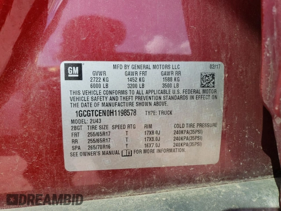 2017 Chevrolet Colorado 4WD LT z VIN 1GCGTCEN0H1198578, wystawiony jako Copart lot #51675855 z przebiegiem 96 004 mil mil oraz Szkoda całkowita • Salvage title. Historia ofert i sprzedaży dostępna na DreamBid. Obrazek 12.