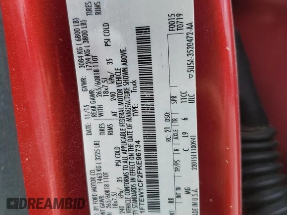 2015 Ford F-150 XL with VIN 1FTEW1CF2FKE96734, listed as a Copart auction lot 61216835 with 77,726 mi miles and Salvage title. Bid and sale history available at DreamBid. Image 12.