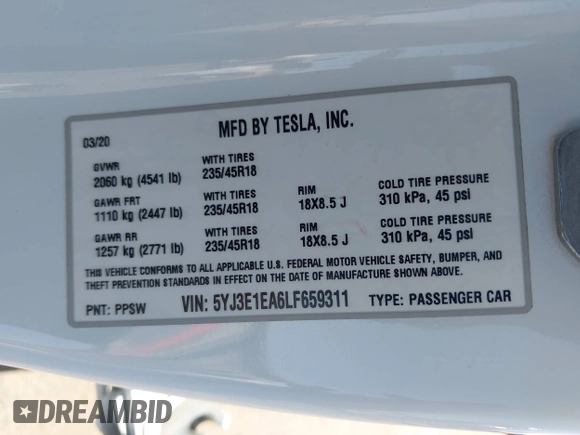 2020 Tesla Model 3 Standard Range Plus z VIN 5YJ3E1EA6LF659311, wystawiony jako IAAI lot #42363341 z przebiegiem 96 378 mil mil oraz . Historia ofert i sprzedaży dostępna na DreamBid. Obrazek 9.