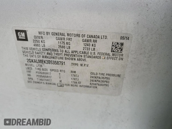 2014 GMC Terrain SLE with VIN 2GKALMEK3E6358791, listed as a Copart auction lot 73153154 with Not Provided miles and Salvage Title. Bid and sale history available at DreamBid. Image 13.