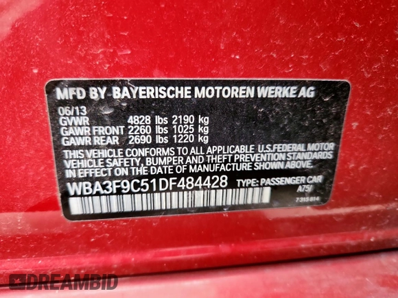 2013 BMW 3 Series ActiveHybrid 3 with VIN WBA3F9C51DF484428, listed as a Copart auction lot 63462075 with 123,431 mi miles and Clean title. Bid and sale history available at DreamBid. Image 12.