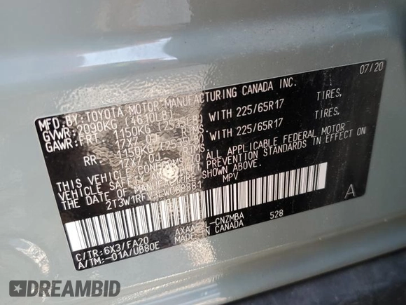 2020 Toyota RAV4 XLE with VIN 2T3W1RFV3LW088881, listed as a Copart auction lot 61539905 with 27,996 mi miles and Clean title. Bid and sale history available at DreamBid. Image 13.