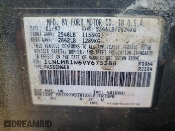 1997 Lincoln Town Car Executive z VIN 1LNLM81W6VY675388, wystawiony jako Copart lot #50345165 z przebiegiem 164 206 mil mil oraz Szkoda całkowita • Salvage title. Historia ofert i sprzedaży dostępna na DreamBid. Obrazek 12.