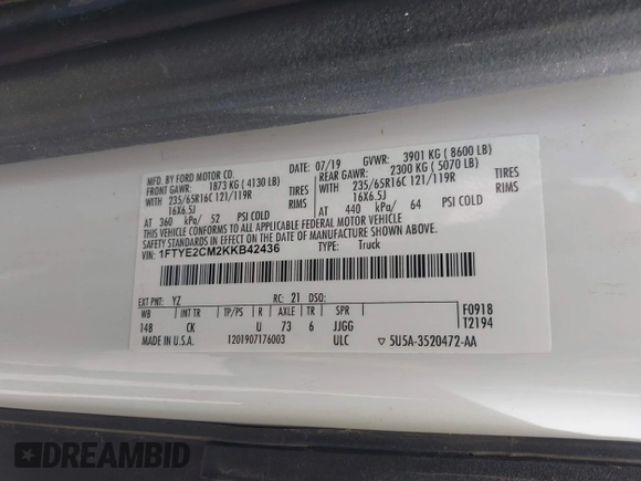 2019 Ford Transit z VIN 1FTYE2CM2KKB42436, wystawiony jako IAAI lot #42636612 z przebiegiem 51 860 mil mil oraz . Historia ofert i sprzedaży dostępna na DreamBid. Obrazek 9.