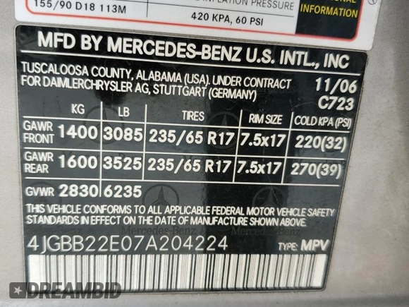 2007 Mercedes-Benz M 320 CDI with VIN 4JGBB22E07A204224, listed as a Copart auction lot 69983804 with 152,248 mi miles and Clean Title. Bid and sale history available at DreamBid. Image 13.