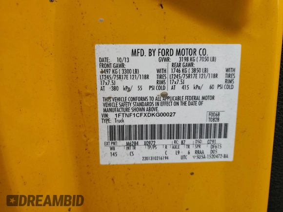 2013 Ford F-150 XL with VIN 1FTNF1CFXDKG00027, listed as a Copart auction lot 48748605 with 121,009 mi miles and Clean title. Bid and sale history available at DreamBid. Image 12.