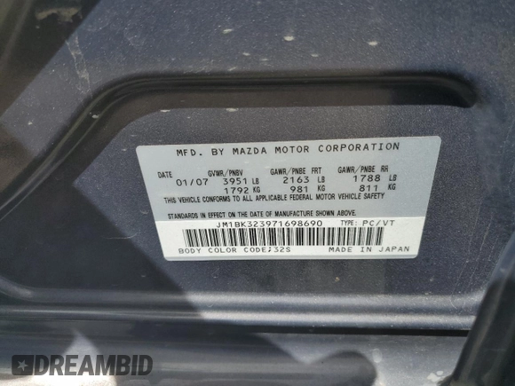 2007 Mazda 3 s Sport with VIN JM1BK323971698690, listed as a Copart auction lot 59913304 with 224,597 mi miles and Clean Title. Bid and sale history available at carsss.com. Image 12.