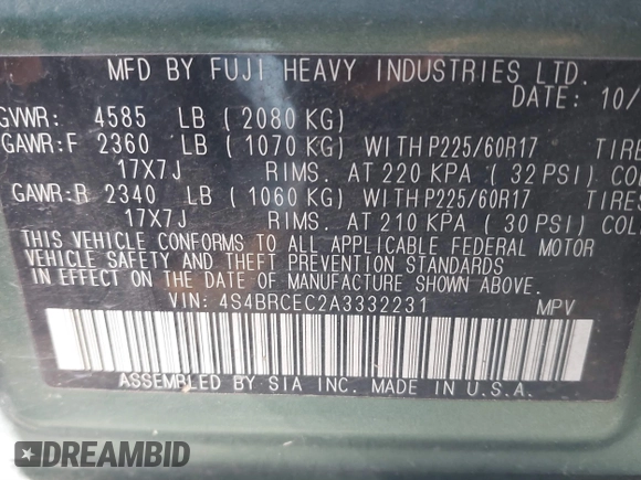 2010 Subaru Outback Premium with VIN 4S4BRCEC2A3332231, listed as a IAAI auction lot 41618499 with 203,148 mi miles and . Bid and sale history available at DreamBid. Image 9.