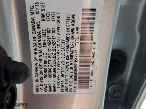 2015 Honda CR-V EX with VIN 2HKRM3H59FH542917, listed as a Copart auction lot 48202155 with 106,043 mi miles and Salvage Title. Bid and sale history available at carsss.com. Image 15.