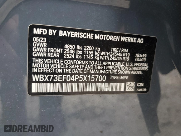 2023 BMW X1 xDrive28i с VIN WBX73EF04P5X15700, выставлен на аукционе Copart как лот 56488145 с пробегом 19 980 миль миль и Списание • Salvage title. История ставок и продаж доступна на DreamBid. Изображение 13.