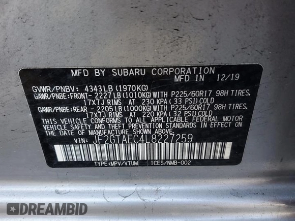 2020 Subaru Crosstrek Premium z VIN JF2GTAEC4L8227259, wystawiony jako Copart lot #53461435 z przebiegiem 38 819 mil mil oraz Szkoda całkowita • Salvage title. Historia ofert i sprzedaży dostępna na DreamBid. Obrazek 12.