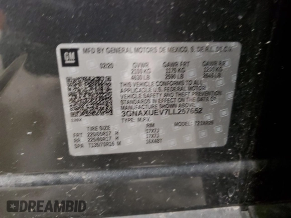 2020 Chevrolet Equinox LT with VIN 3GNAXUEV7LL257652, listed as a Copart auction lot 52985845 with 59,548 mi miles and Salvage Title. Bid and sale history available at DreamBid. Image 13.
